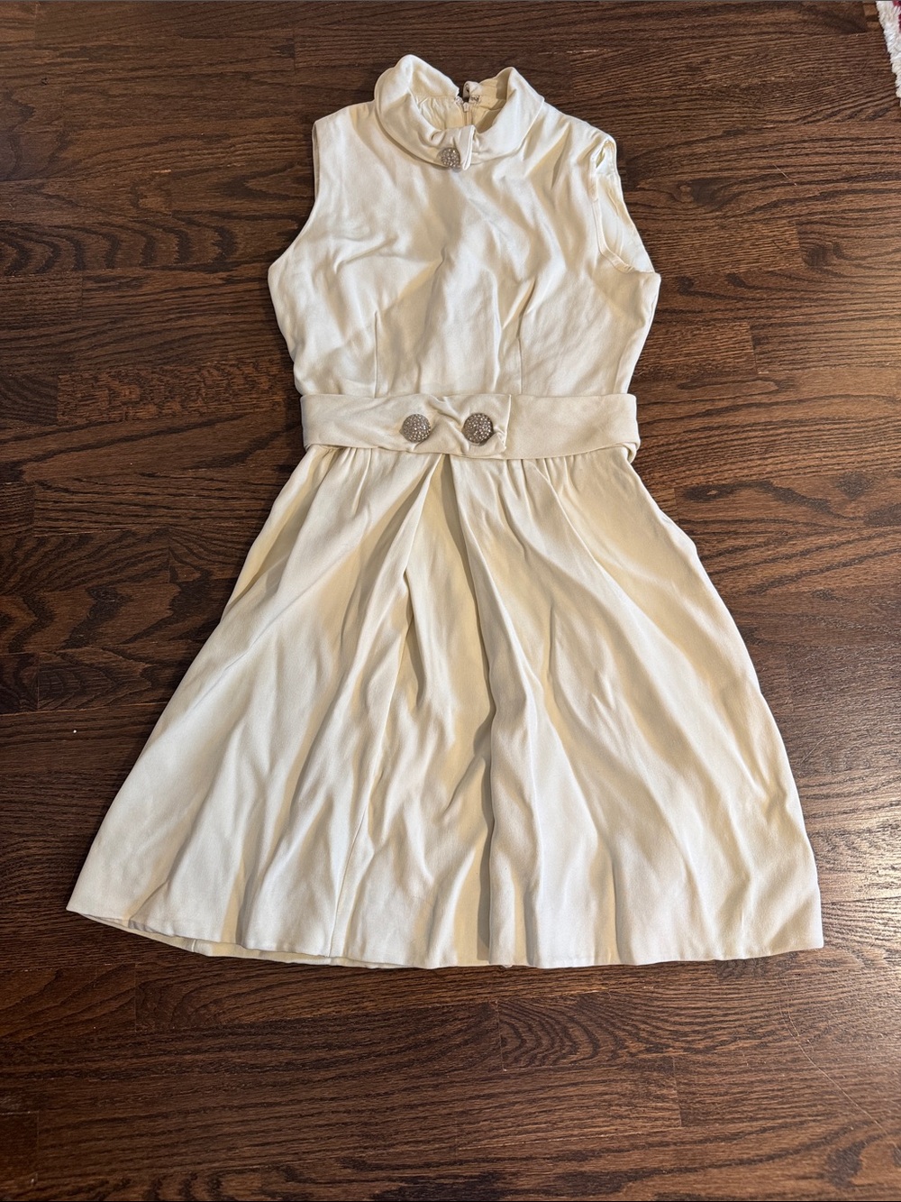 Vintage 1960s Cream Sleeveless Belted Fit-and-Flare Dress